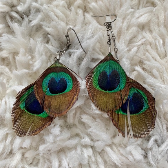 Peacock Feather Earrings - Picture 2 of 5